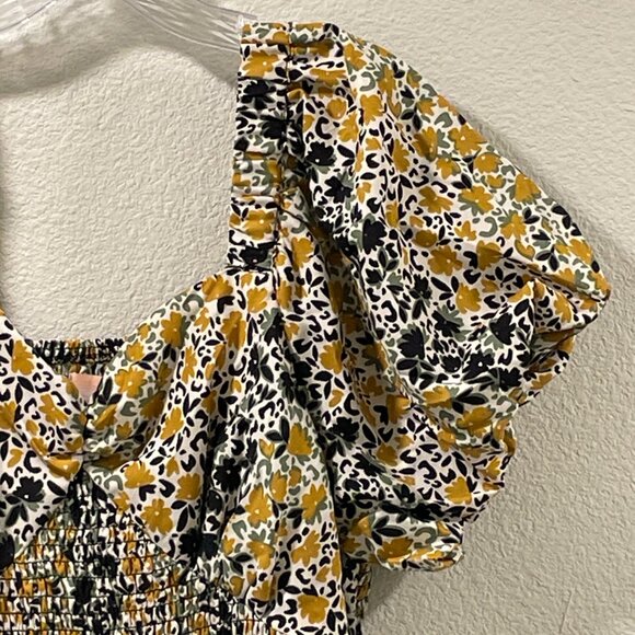 US TOGETHER NWT Puff Sleeve Shirred Sweetheart Midi Dress Floral Blk/Grn/Yel XL - Picture 4 of 11